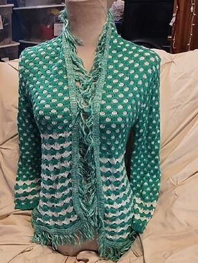 No Label Green and White Knit Fringe Cardigan Sweater